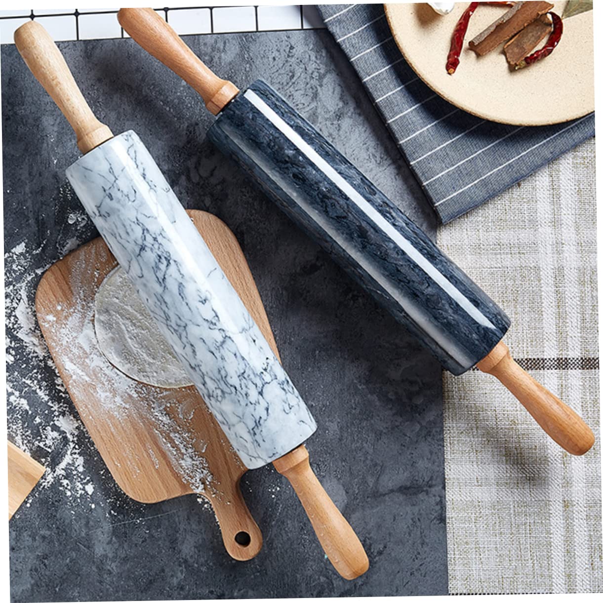 Alipis Rouleau à Pâtisserie en Marbre Manche en Bois, Noir