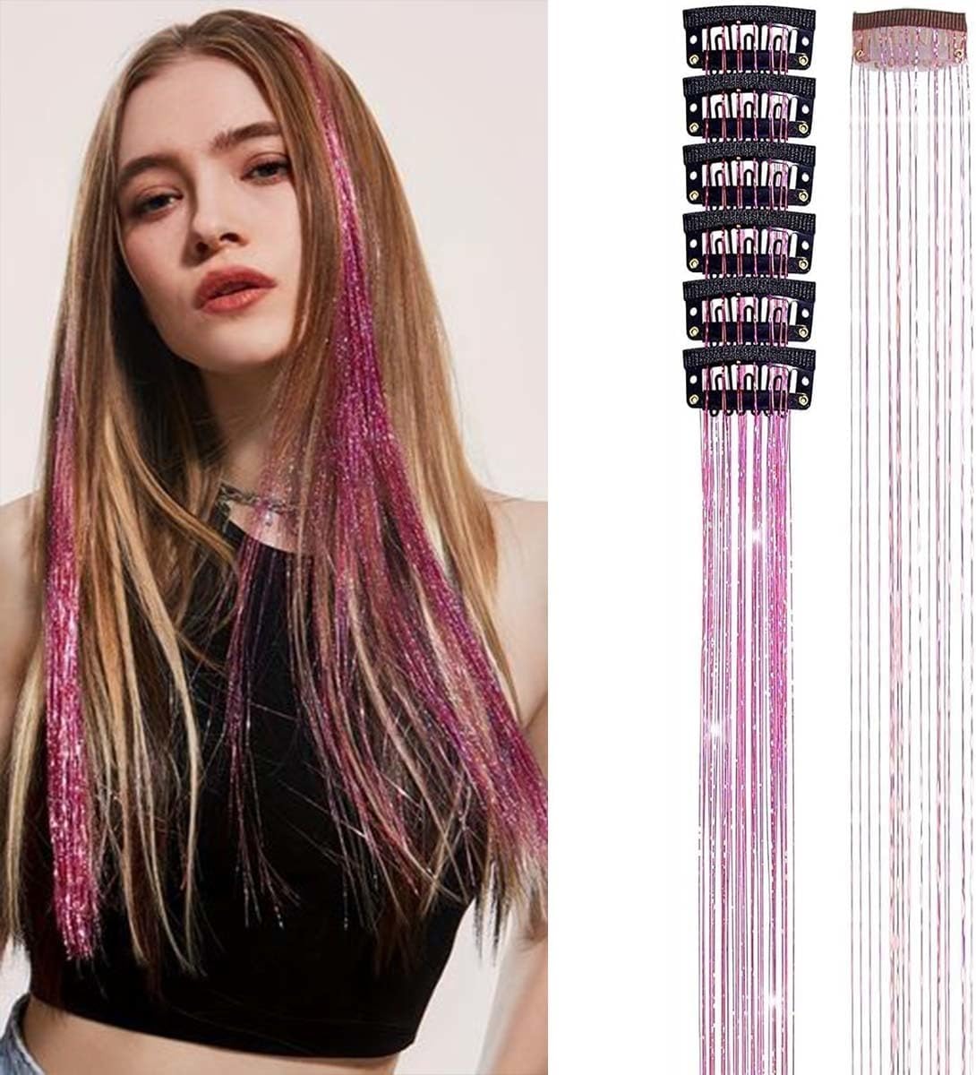 Hair Tinsel Clip in Tinsel Hair Extensions Light Pink Fairy Glitter Hair Tinsel Kit for Women Heat Resistant 21.5In 6Pcs Festival Accessories for Party, Christmas, New Year, Halloween, Cosplay