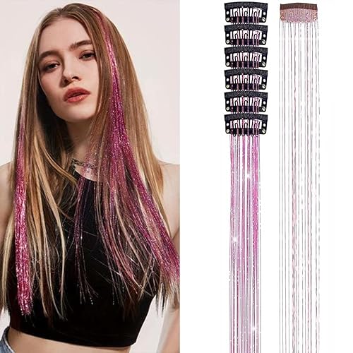 Extensiones de cabello de oropel con clip, color rosa claro, kit de oropel con purpurina para mujer, resistente al calor, 21.5 pulgadas, 6