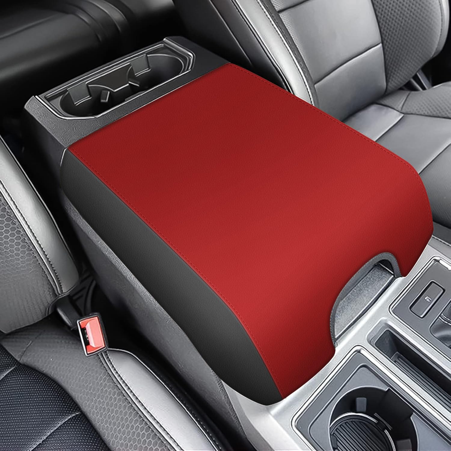AOMSAZTO Armrest Covers for Ford F150 2015-2020/ F250 F350 F450 2017-2022 and Expedition 2018-2023,(Bucket Seat Only Black with Red Leather