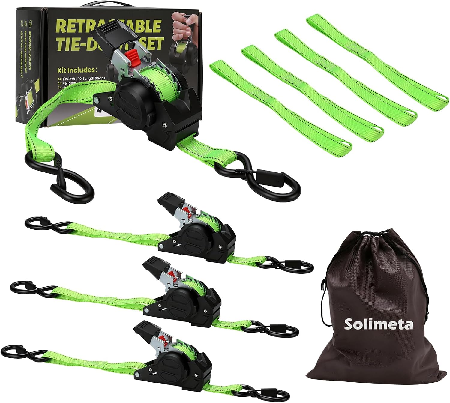 Solimeta Auto Self-Retracting Ratchet Straps (1" x 10', 1,650lb Break Strength) - 4-Pack Green Tie Down Straps for Trucks, Trailers, Motorcycles, ATVs & UTVs