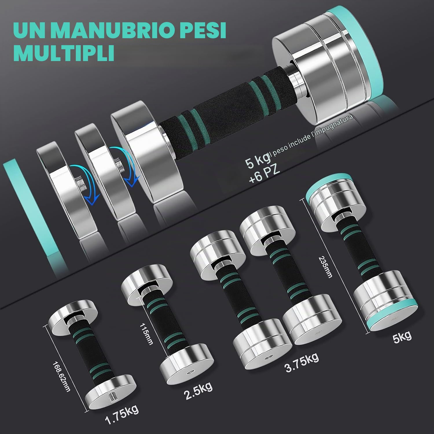 Dripex Set di Manubri 2 in 1 5kg 10kg 20kg Pesi Manubri Palestra Regolabili Acciaio, Casa, Ufficio, Body Building, Fitness, Allenamento di Forza