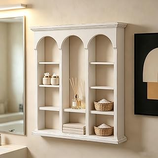 SOFE Distressed White Wall Display Shelf with Triple Arch, 10-Compartmen...