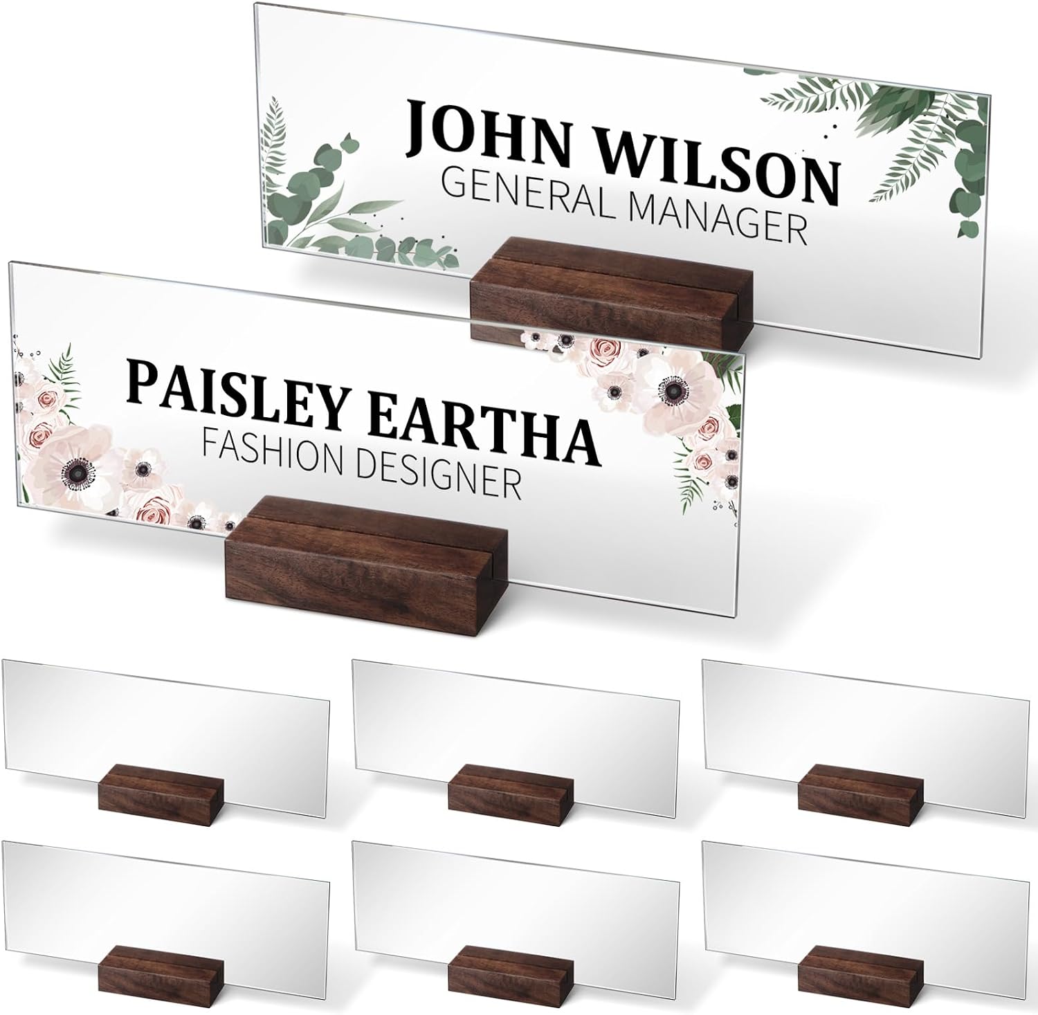 6 Set Personalized Acrylic Custom Name Plate for Desk Back to School 2.95×8 Inch with Wooden Desk Tags for Teacher Employee Appreciation Gifts Wedding Place Cards Office(Walnut Color)