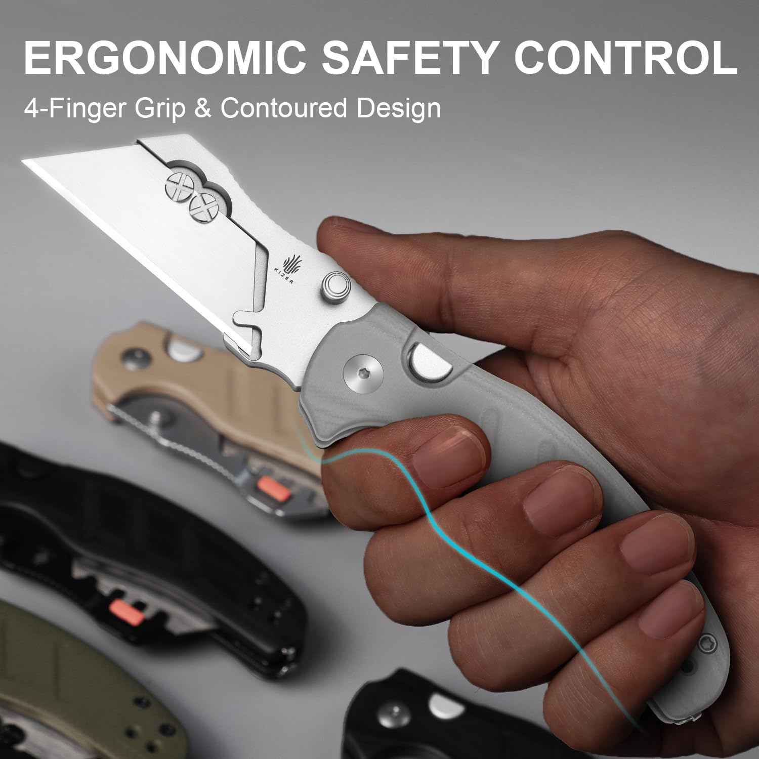Kizer C01C Uti 1 (Dual-screw Version) Utility Knife, Button Liner Lock Box Cutter EDC Pocket Knife with 5PCS Razor Blades, Gray G10 Handle Small Folding Knives with Clip for Men Women, V3488.29JSA1