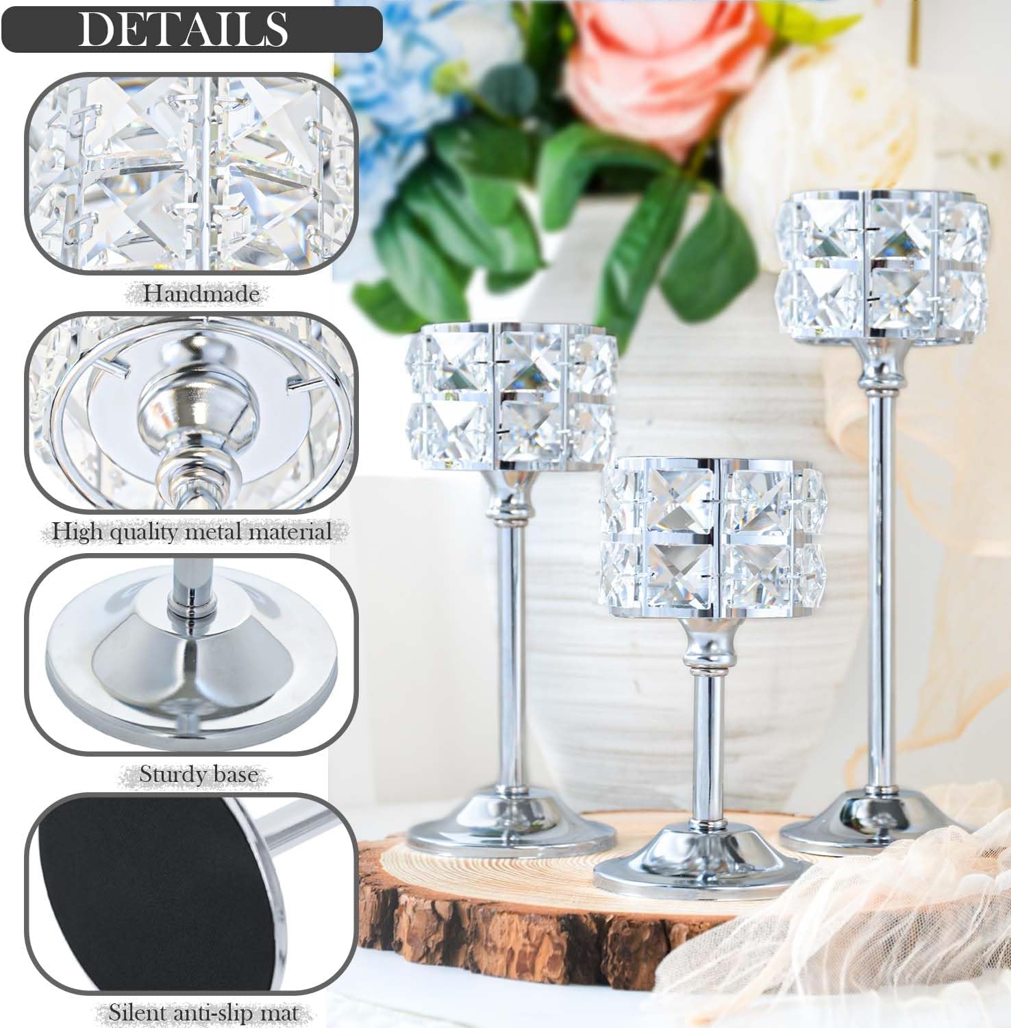 Crystal Metal Candle Holder, Square Crystal Beads Bling Tea Light Candlestick, Tall Votive Candelabra Elegant Centerpiece for Table Wedding Decoration, Home Decor (Silver, 4 Set (12pcs)