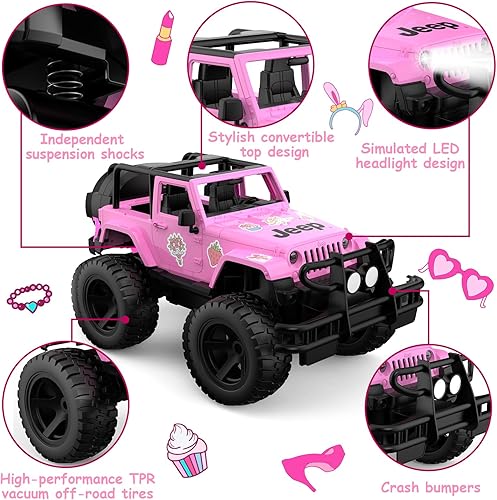 Miniatura 4 de DOUBLE E Jeep - Auto de control remoto rosa a escala 114 para niñas con calcomanías de bricolaje, Jeep RC de diseño abierto, 80 minutos de juego de