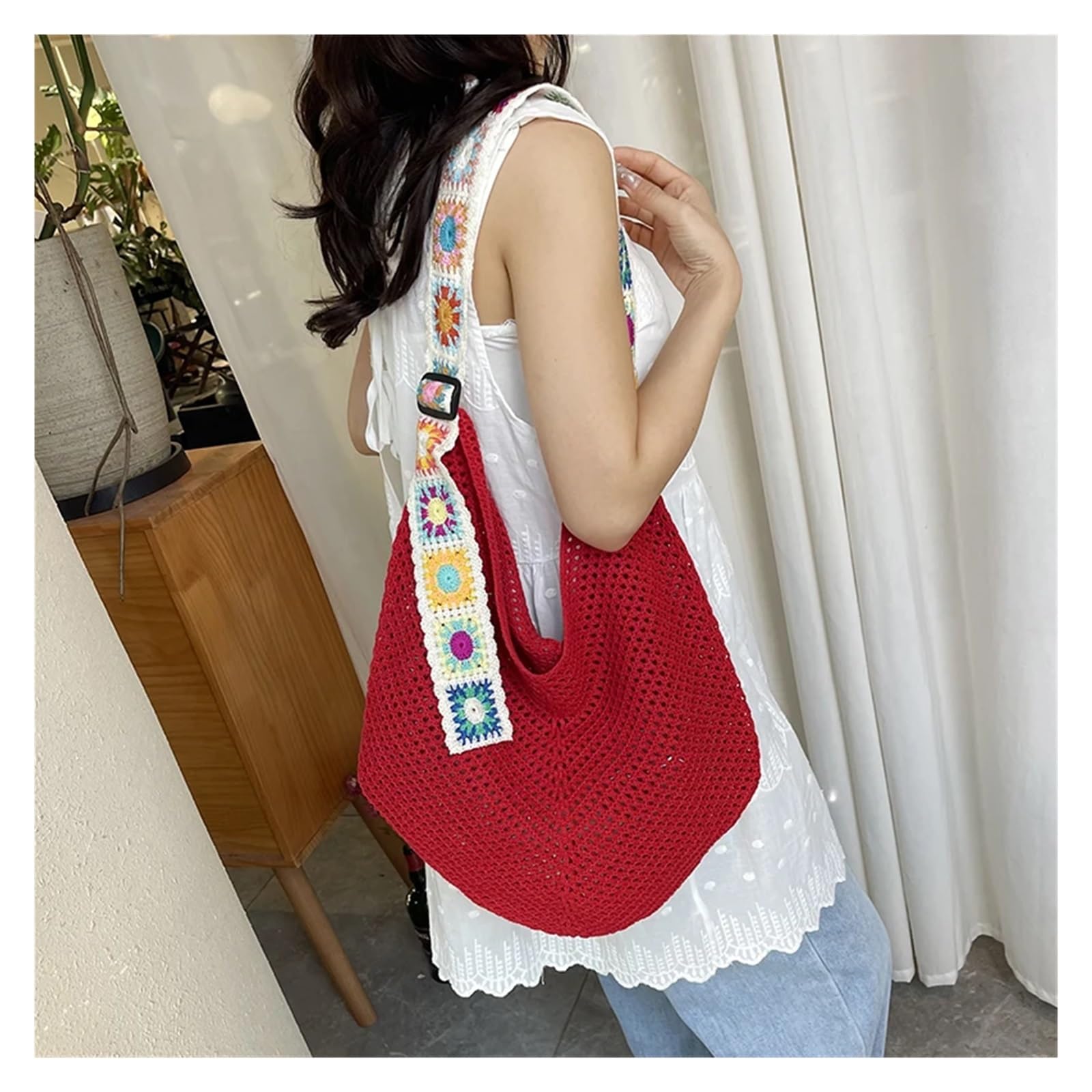 Bolso Ganchillo Flores Bolso de mano tejido hueco, fresco y veraniego: gran capacidad, de un solo hombro, ideal for ocio y vacaciones.