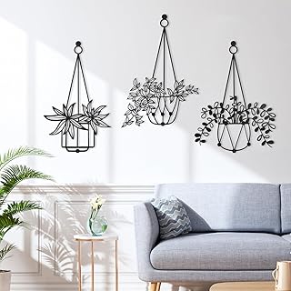 QUMENEY 3 Stück Schwarze Blumen-Wandkunst-Dekoration Hängekorb Pflanzentopf Schild Wandkunst-Dekor für Zuhause Wohnzimmer Schlafzimmer Badezimmer Küche Flur Außen- und Innenbereich