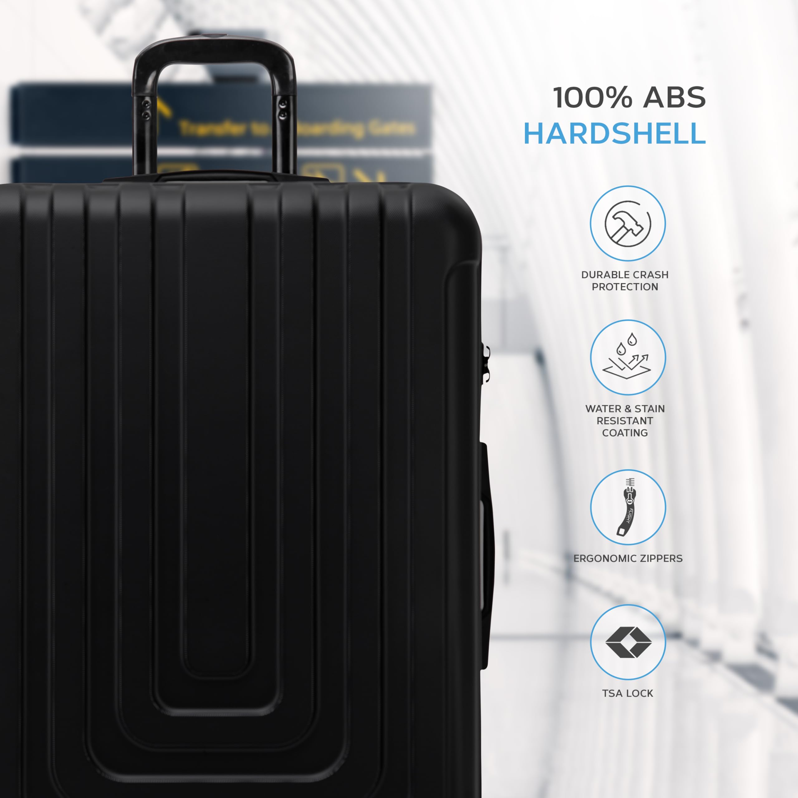 Flight Knight Premium Lightweight Suitcase - Built-in TSA Lock - 8 Spinner Wheels - ABS Hard Shell Carry On Or Check in Luggage - Highly Durable - Approved for Over 100 Airlines