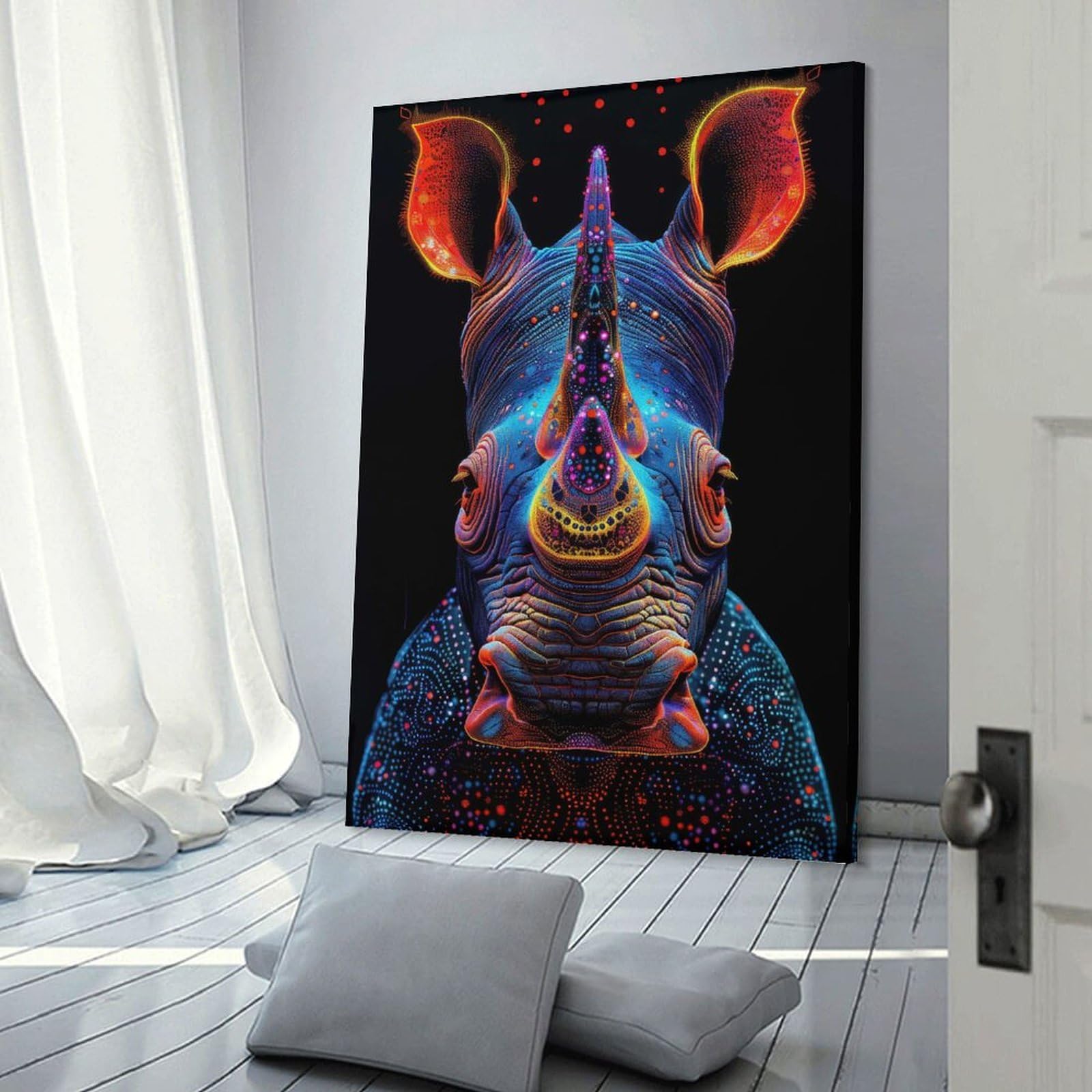 Junmoney Canvas Wall Art Neon Rhino Illustration, 24x36inch(60x90cm), for New Homes, Bedrooms Or Workspaces, Canvas Artwork with Gifting Potential