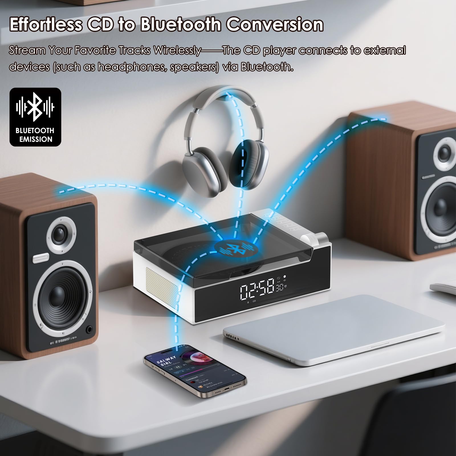 Przenośny odtwarzacz CD do domu z głośnikiem Hi-Fi, nadajnik i odbiornik Bluetooth, timer, wyświetlacz LED, wbudowane podwójne głośniki, obsługa USB/AUX (biały)