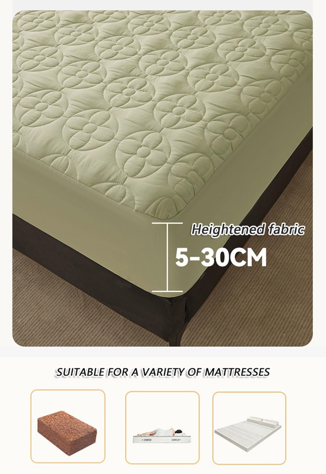 Gesteppter Wasserdichter Matratzenschoner,Matratzenschoner 3-teiliges Set Spannbettlaken,Atmungsaktive Matratzenauflage für alle Vier Jahreszeiten,360-Grad-Rundumschutz(Jade,150x200cm)