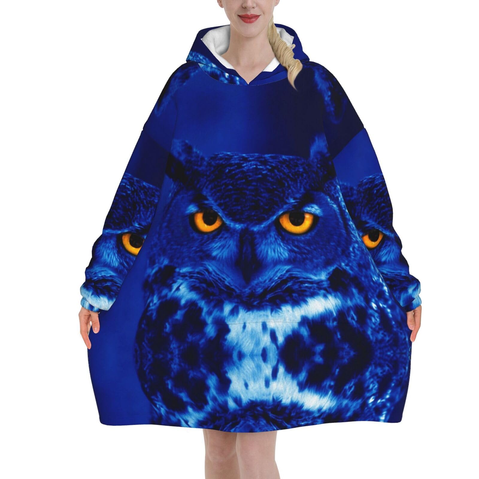 Jmorco Blue Owl Blanket Hoodie Oversized Wearable Hooded Blanket Warm Throw Blanket Sweatshirt For Women Men Teens 320g Flannel