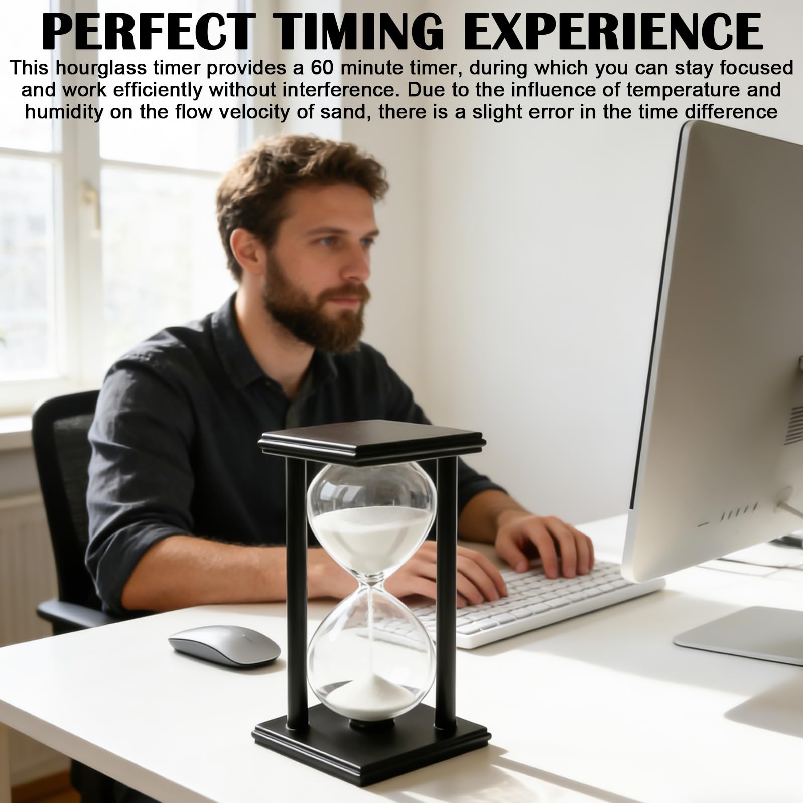 Clessidra 60 minuti: telaio in legno nero bianco sabbia clessidra timer, timer Hourglass sandglass 1 ora clessidra per ufficio soggiorno studio cucina decorazione 20 x 10 cm