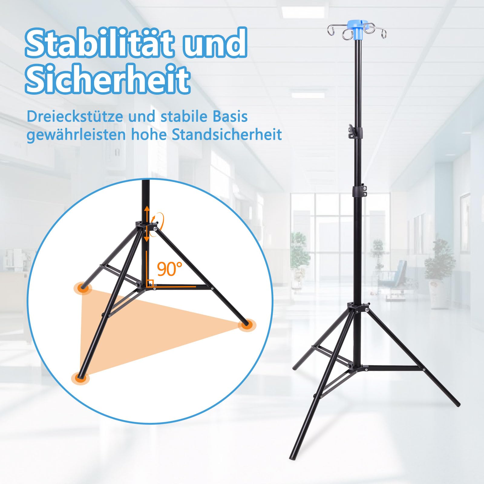 Klappbarer IV-Polenständer mit 4 Haken, verstellbarer Höhe IV-Ständer, Stativ IV-Polenständer für Heimpflege, Krankenhäuser, Kliniken und Reisen (schwarz)