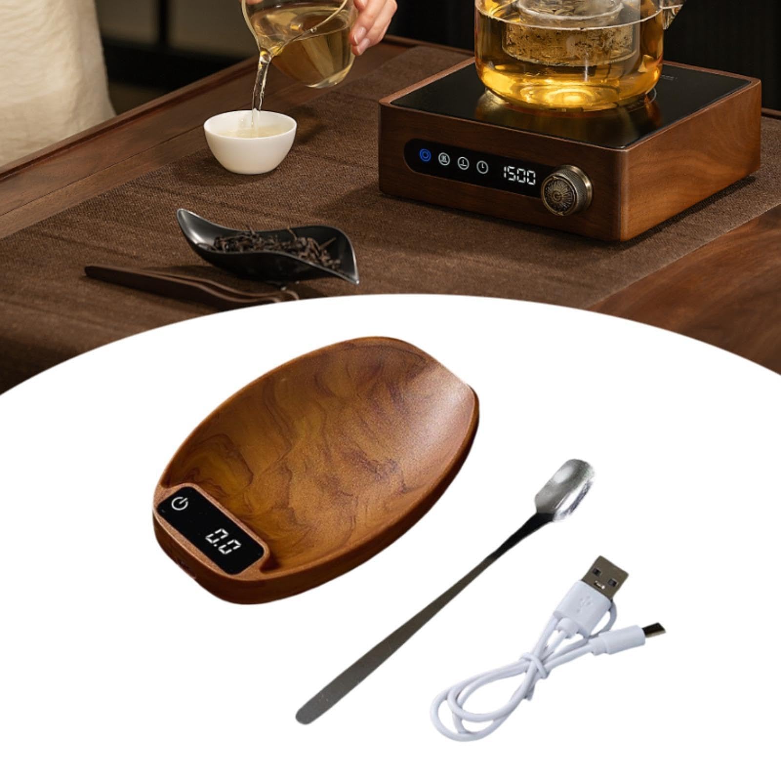 Electrónica para Medir Alimentos Té Café con Cuchara Digital Material PP Acabado Madera Diseño Pequeño Recargable USB Apta para Oficina Hogar, MarrÓn, Individual