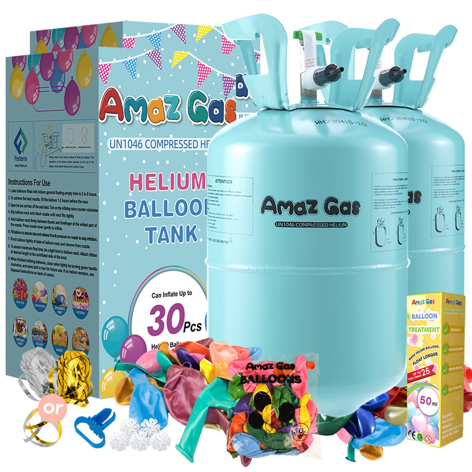 AmazGas 7L Helium Gas Tank With 7.5 cu.ft 99.99% Pure Helium Gas, Filled with 30 Counts 10 inch latex balloons and 50ml balloons treatment liquid for party, Blue (2 box)