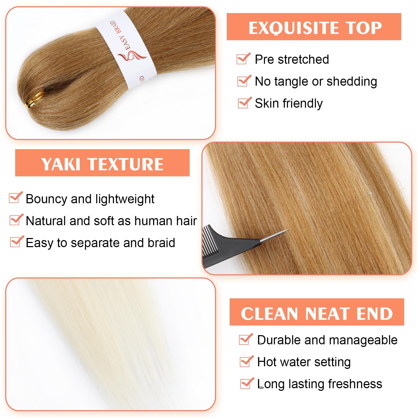 Pelo trenzado preestirado de 24 pulgadas, 3 paquetes, cabello estirado para extensiones de cabello trenzado profesional, ajuste de agua caliente, cabello sintético con textura Yaki (27/613#)