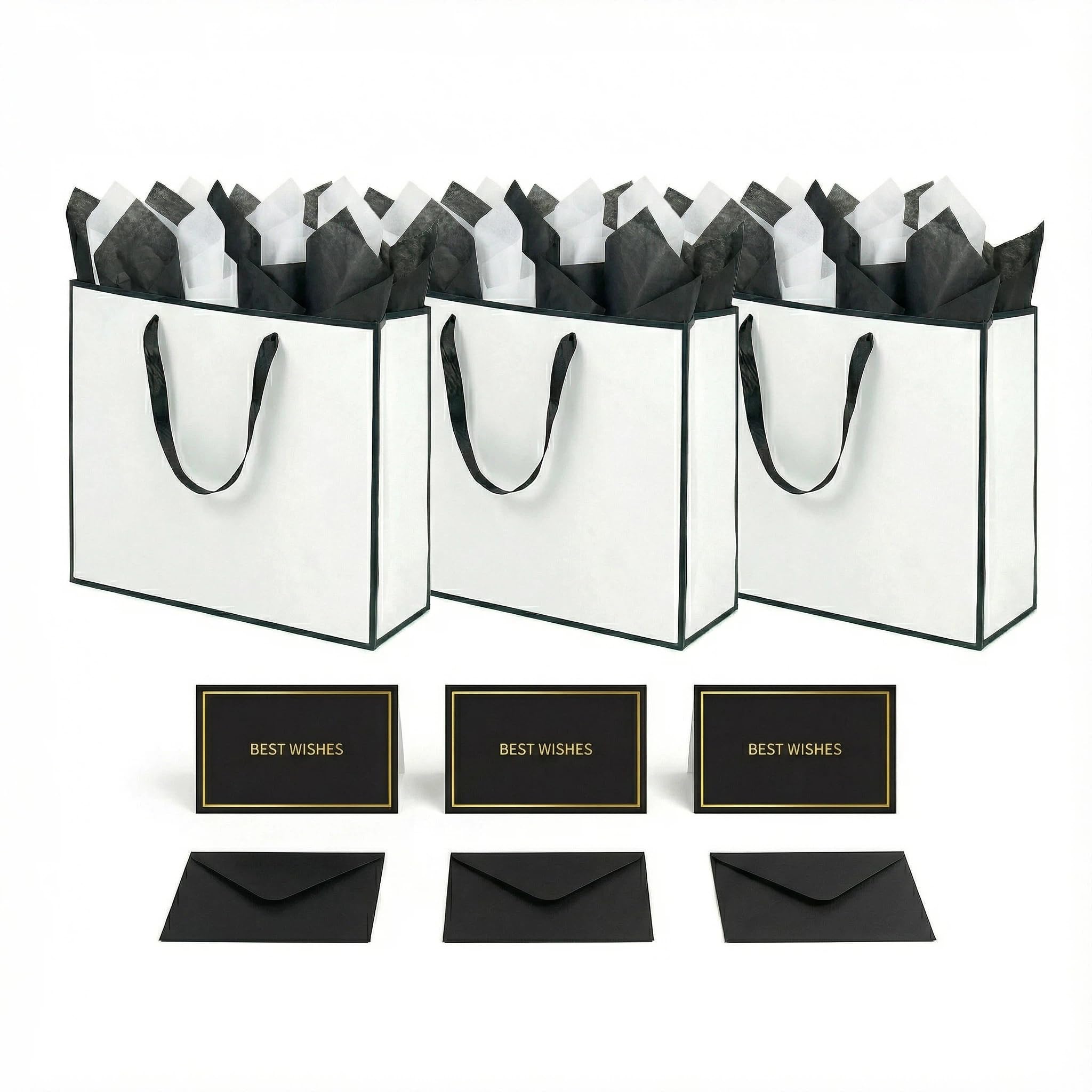 JUNESHE Lot de 3 grands sacs cadeaux blancs et noirs de 35,1 cm avec poignées assorties en papier de soie blanc et noir pour fête, shopping, anniversaire, mariage