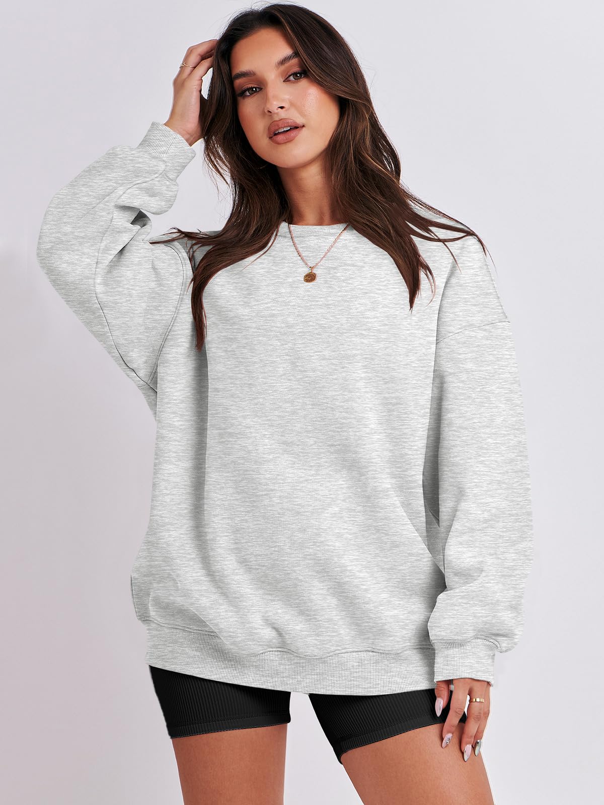 Damskie bluzy oversize bluzy z kapturem polar okrągły dekolt sweter top codzienne jesienne stroje preppy ubrania nastolatki 2024 A1019 światło, Jeden kolor, Light Gray_S