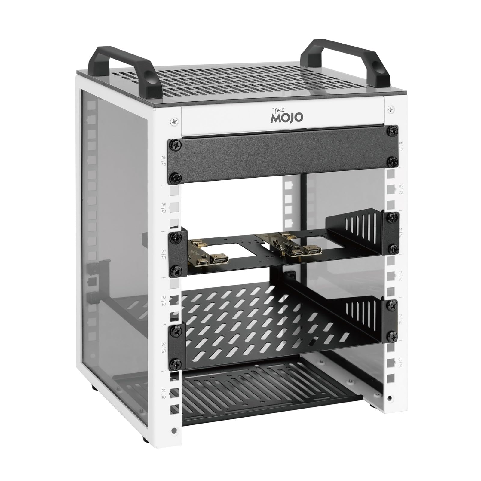 Tecmojo 10-Zoll Desktop-Mini-Rack, 6HE, 200 mm Tief, Netzwerk-Schrank mit SBC-Einschub, Micro-HDMI-zu-HDMI-Adapterplatine und Blindabdeckung, für 10-Zoll-AV-, NAS- und Servergeräte