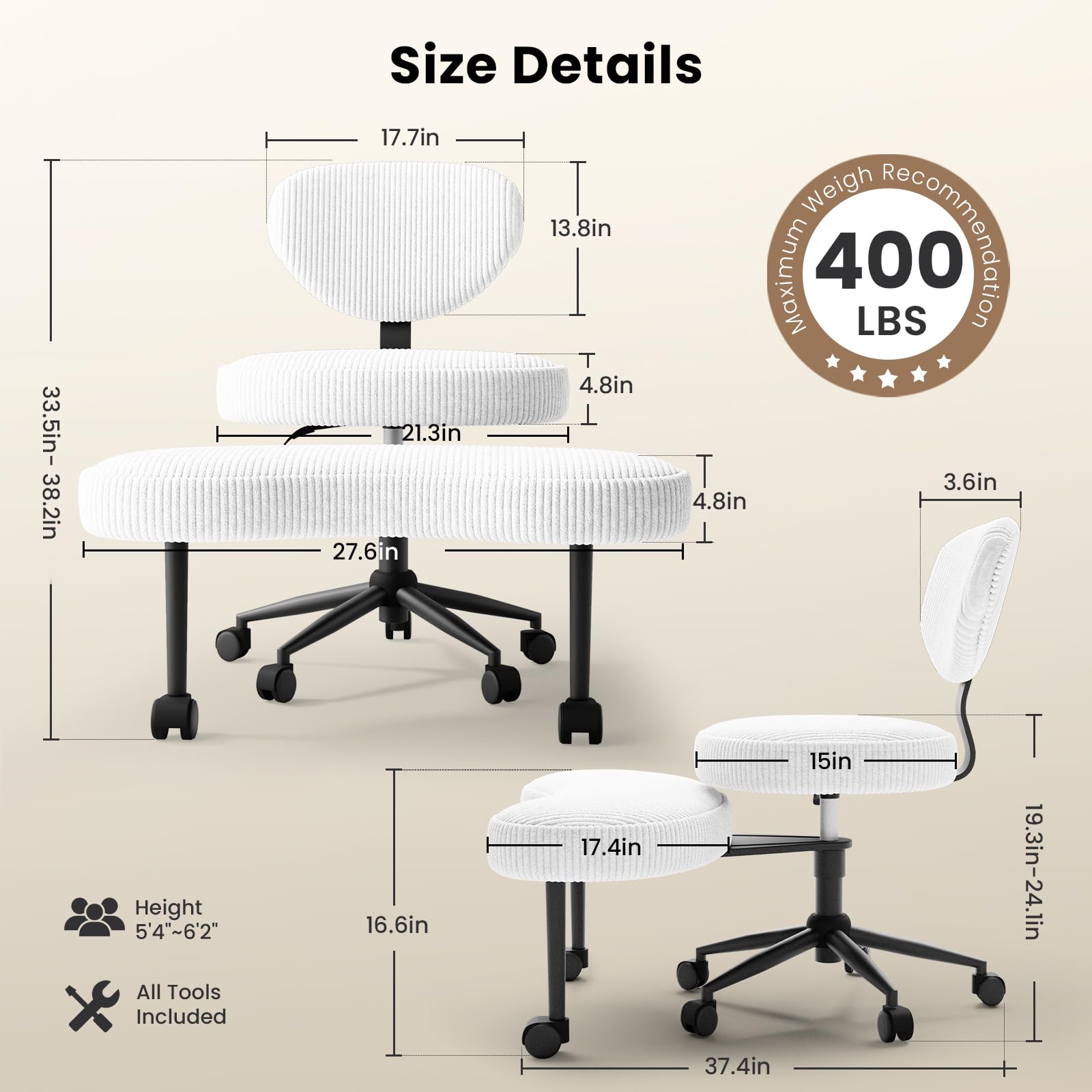 HOMRELEXA Bürostuhl mit Kreuzbeinen, 360° drehbar, Ergonomischer Kniestuhl, Criss Cross Schreibtischstuhl mit Verstellbarer Höhe, ADHS-Meditationsstuhl mit Rückenstütze, Cordstoff, Weiß