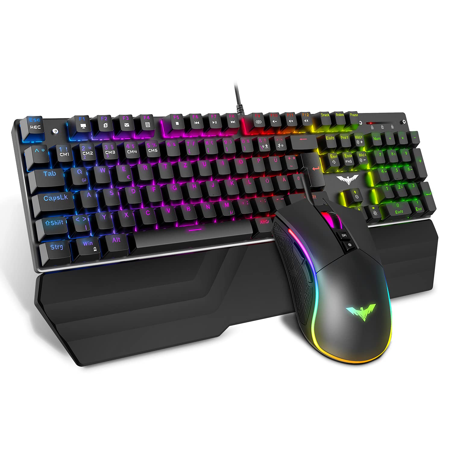 havit Mechanische Gaming Tastatur und Maus Set, RGB Hintergrundbeleuchtung QWERTZ (DE-Layout), Aluminiumoberfläche und Handballenauflage, 4800DPI RGB Wired Gaming Maus mit 7 Tasten (Schwarz) - Schwarz