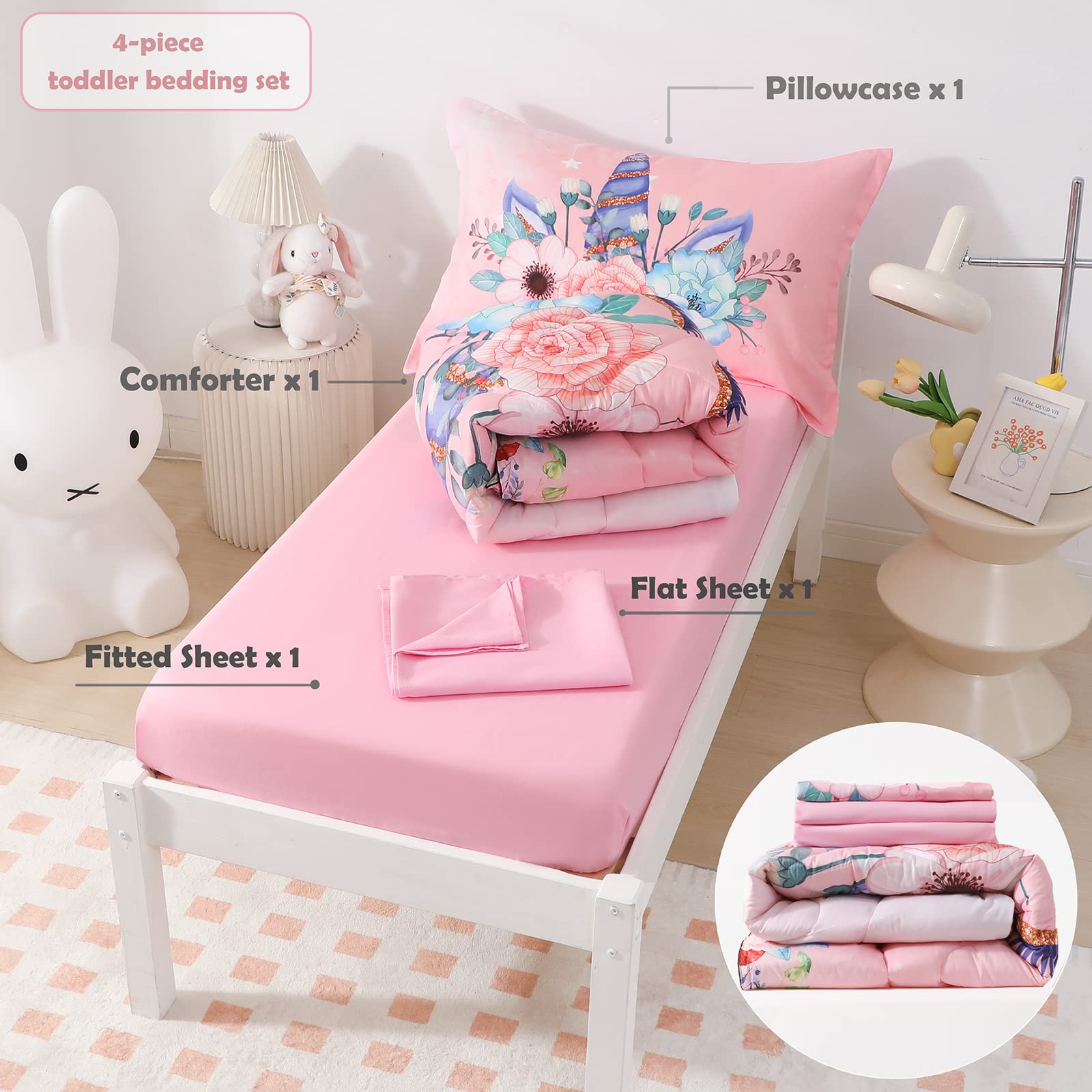 Parure De Lit 4 Pièces Licorne Pour Fille - Couette 107x148 Cm, Drap Housse, Drap Plat, Taie - Motif Floral Rose