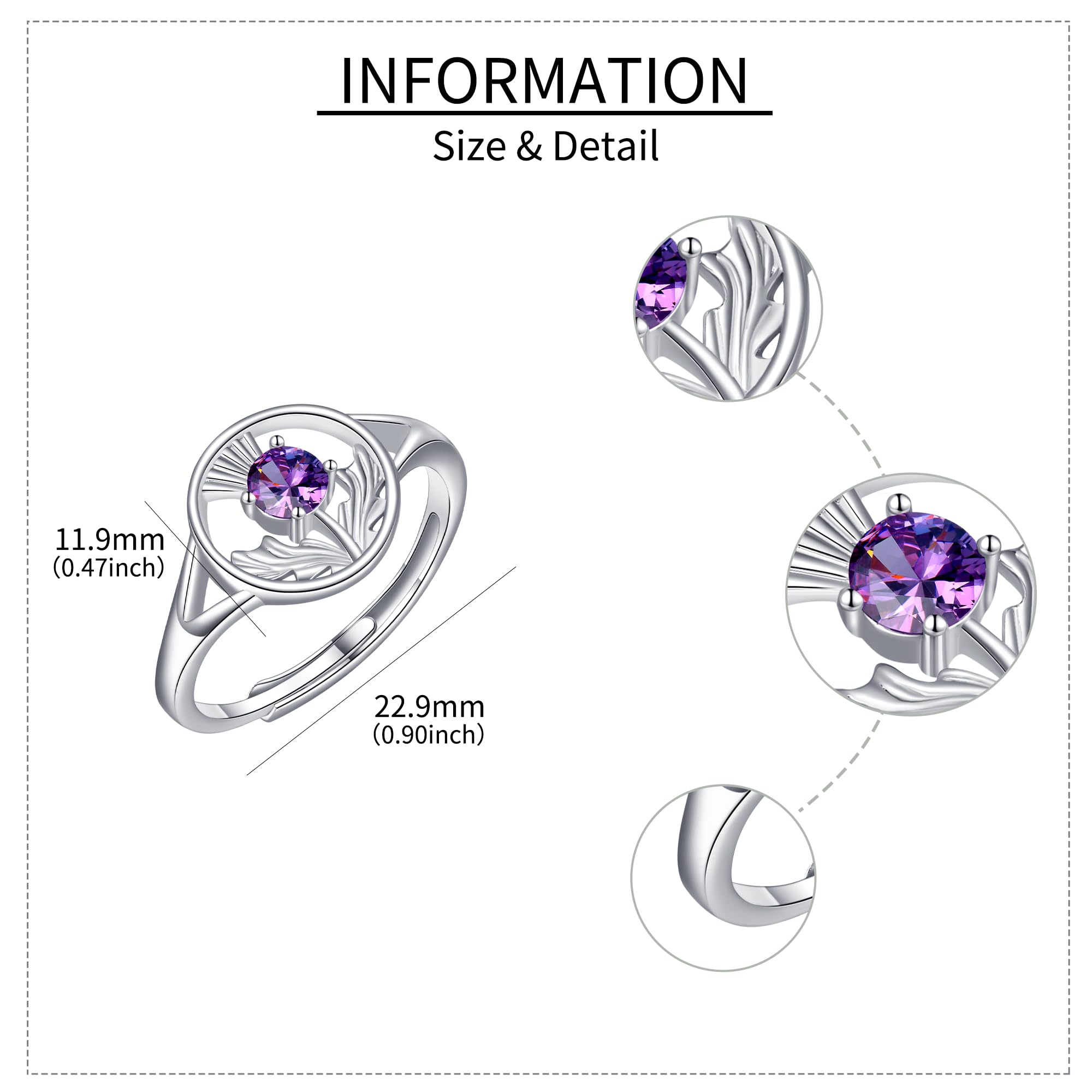 DAYLINLOVE Schottische Distel Ringe 925 Sterling Silber Verstellbarer Amethyst Schottischer Ring Schottischer Schmuck Schottland Geschenke für Damen Frauen Mädchen