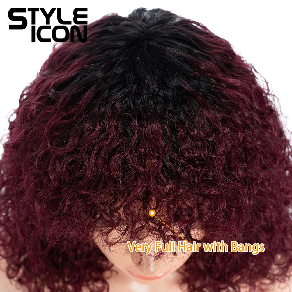 Pelucas afro de cabello humano, pelucas cortas y rizadas para mujeres negras, peluca con flequillo (12 pulgadas, TT1B/99J) 5