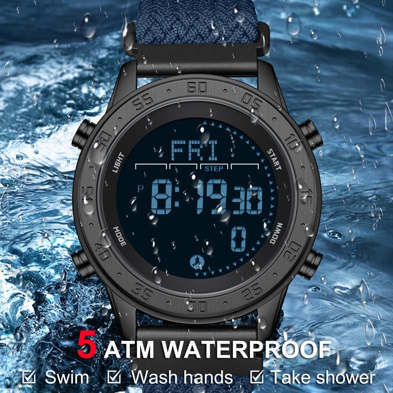 Men's Pedometer Step Counter Watch Military Compass Watches Nylon Strap Digital Sport Waterproof Tactical Wrist Watch Calories Tracker Metronome Watches Dual Time LED Stopwatch, No Bluetooth No App image 4