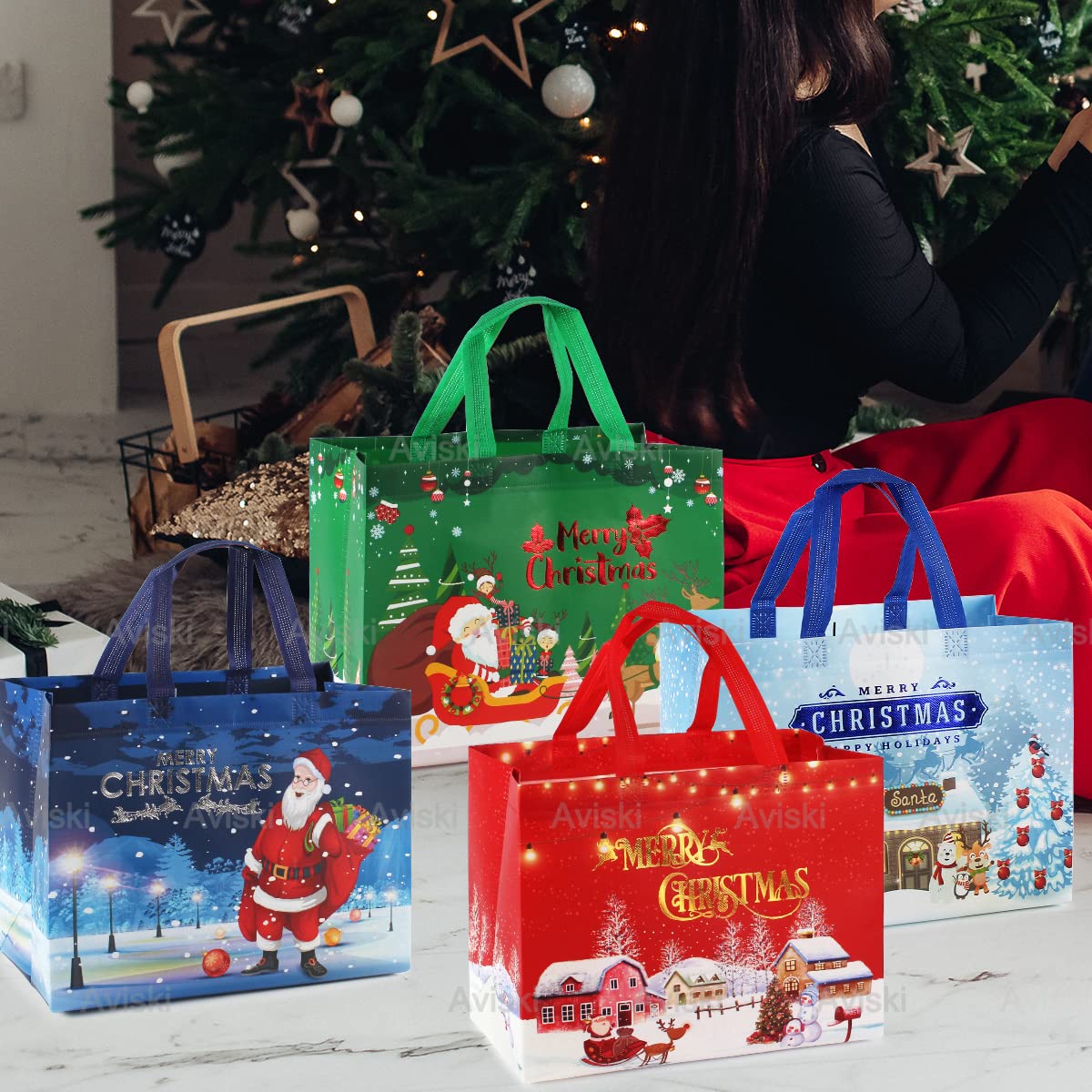Kristen 12 Sacchetti Regalo Di Natale In Tessuto Non Tessuto Con Manici - Multiuso Per Regali E Shopping