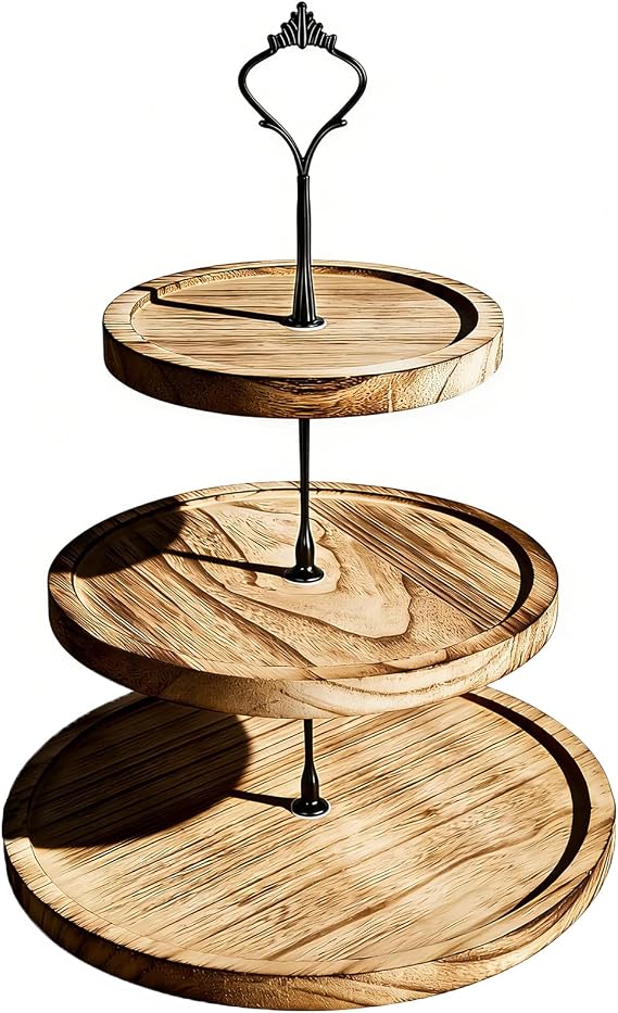 Cake Stand 3 Tier Wooden Serving Stand with Metal Handle Cupcake Stand Cake Stand Holder Tower Cake Plate Fruit Biscuits Candy Stand for Wedding Birthday Afternoon Tea Party (Color 2)