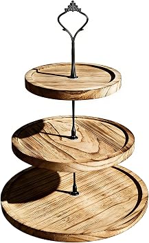 Cake Stand 3 Tier Wooden Serving Stand with Metal Handle Cupcake Stand Cake Stand Holder Tower Cake Plate Fruit Biscuits Candy Stand for Wedding Birthday Afternoon Tea Party (Color 2)