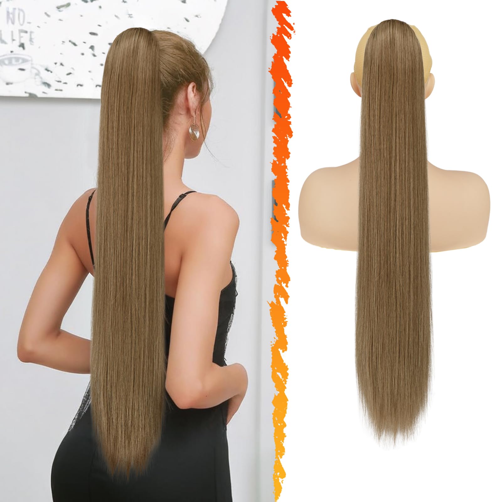 BARSDAR Pferdeschwanz Haarteil, 76cm Lang Glattes Braun Pferdeschwanz Haarverlängerung mit Kordelzug Synthetik Clip in Ponytail Extension Haarteil Zopf Haarextension für Damen - Helles Braun Gemischt