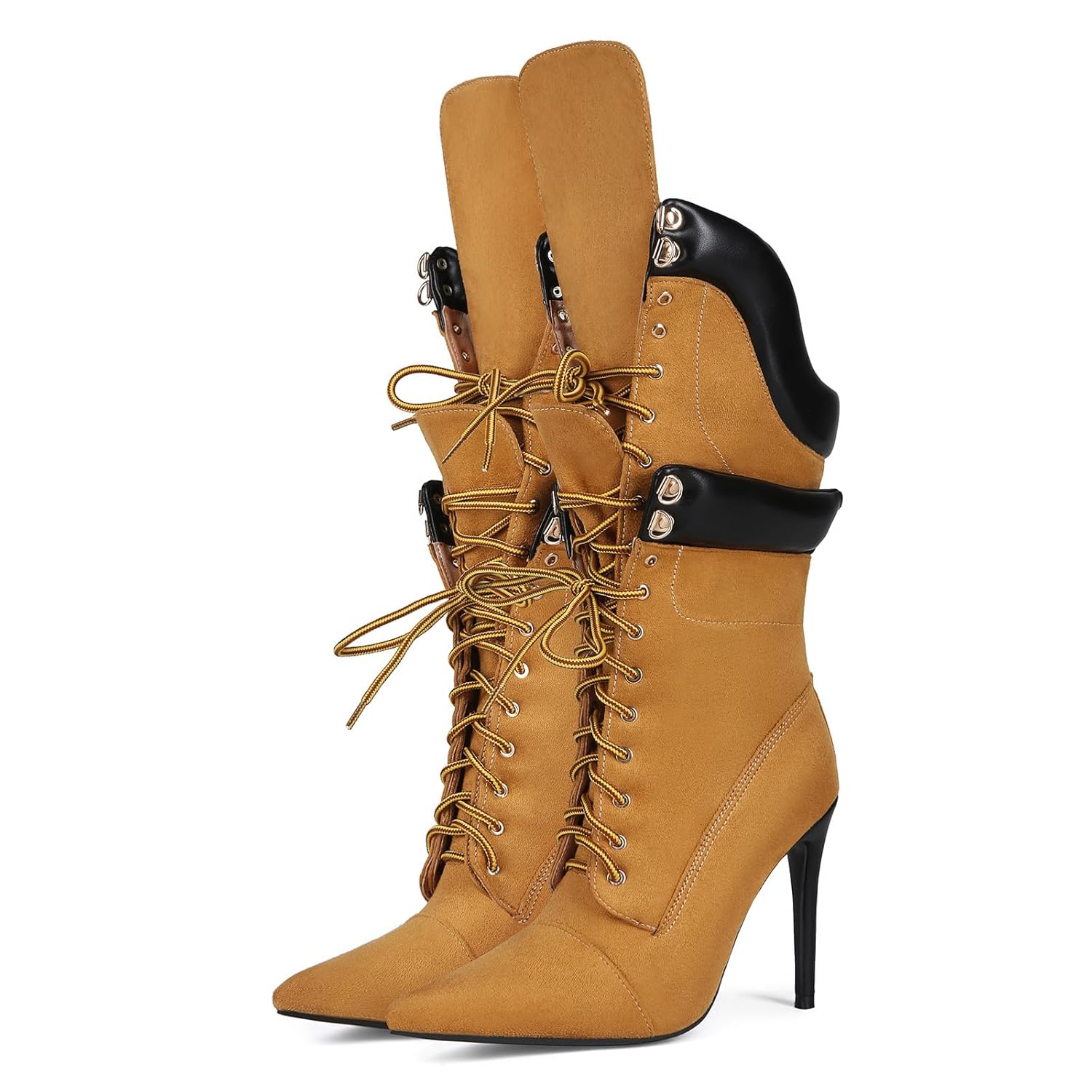 Workwear Style Pointed Toe Stiletto Boots Denim Fashion Ankle Booties Streetwear Style Lace-Up Splicing Heels for Women Men