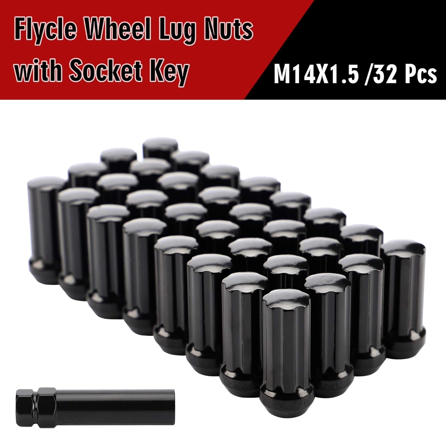 M14x1.5 Wheel Lug Nuts, 32pcs Black 14mmx1.5 Spline Lug Nut 2 Inch Tall with 1 Socket Key Compatible for Chevy GMC F250 F350 8 Lug Aftermarket Wheels : Automotive