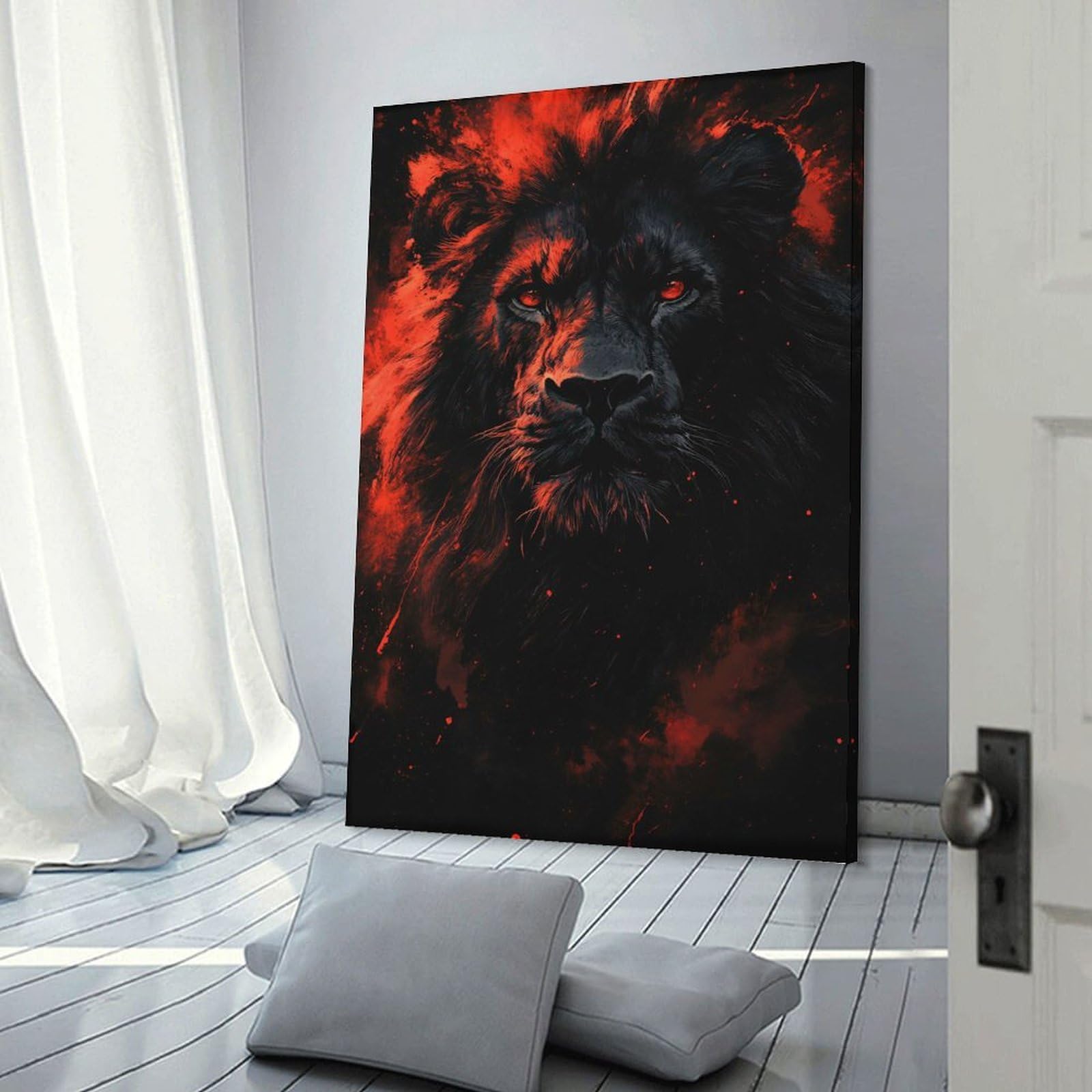 Junmoney Lion with Red Eyes Hanging Wall Art 16x24inch(40x60cm), for Bedroom Walls, Guest Spaces Or Lounges, Home Artwork with A Soft Interior Feel