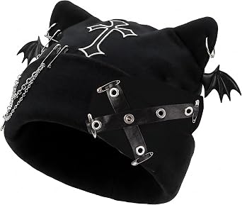 Y2K Gothic Grunge Hat -Cat Ear Bat Wing Black Beanie with Ears Cross Chains