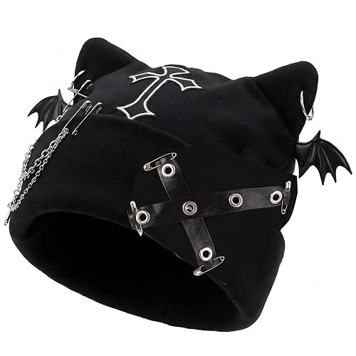 Y2K Gothic Grunge Hat - Cat Ear Bat Wing Black