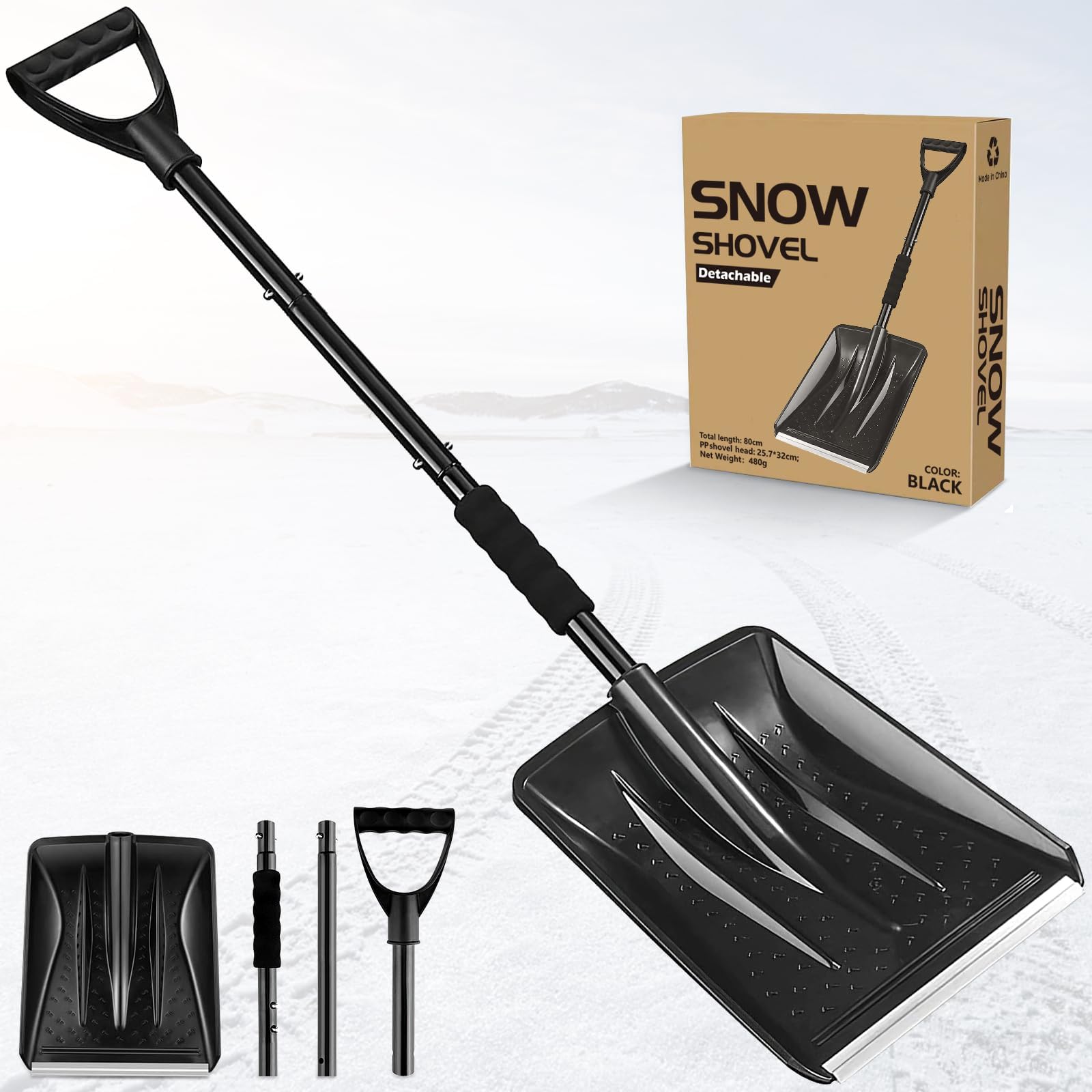 Snow Shovel, 2024 New Upgrade Large-Capacity Lightweight Aluminum Portable Snow Shovel, Parent-Child Playing Snow Shovel, Shovel for Garden, Car, Camping with Extra Ice Scrape(Black)