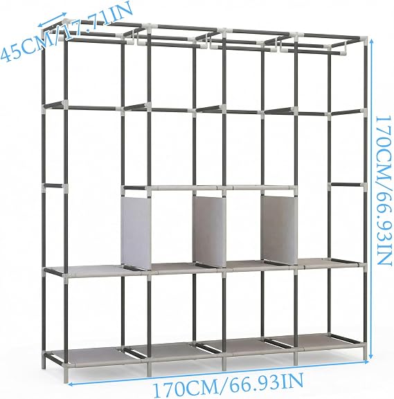Fabric Wardrobes for Bedroom,Bedroom Wardrobes with Shelves and Hanging Rail,Canvas Wardrobe Storage Solutions,Clothes Storage Organiser,Clothes Rail with Cover,170x45x170cm,Grey