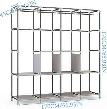Fabric Wardrobes for Bedroom,Bedroom Wardrobes with Shelves and Hanging Rail,Canvas Wardrobe Storage Solutions,Clothes Storage Organiser,Clothes Rail with Cover,170x45x170cm,Grey