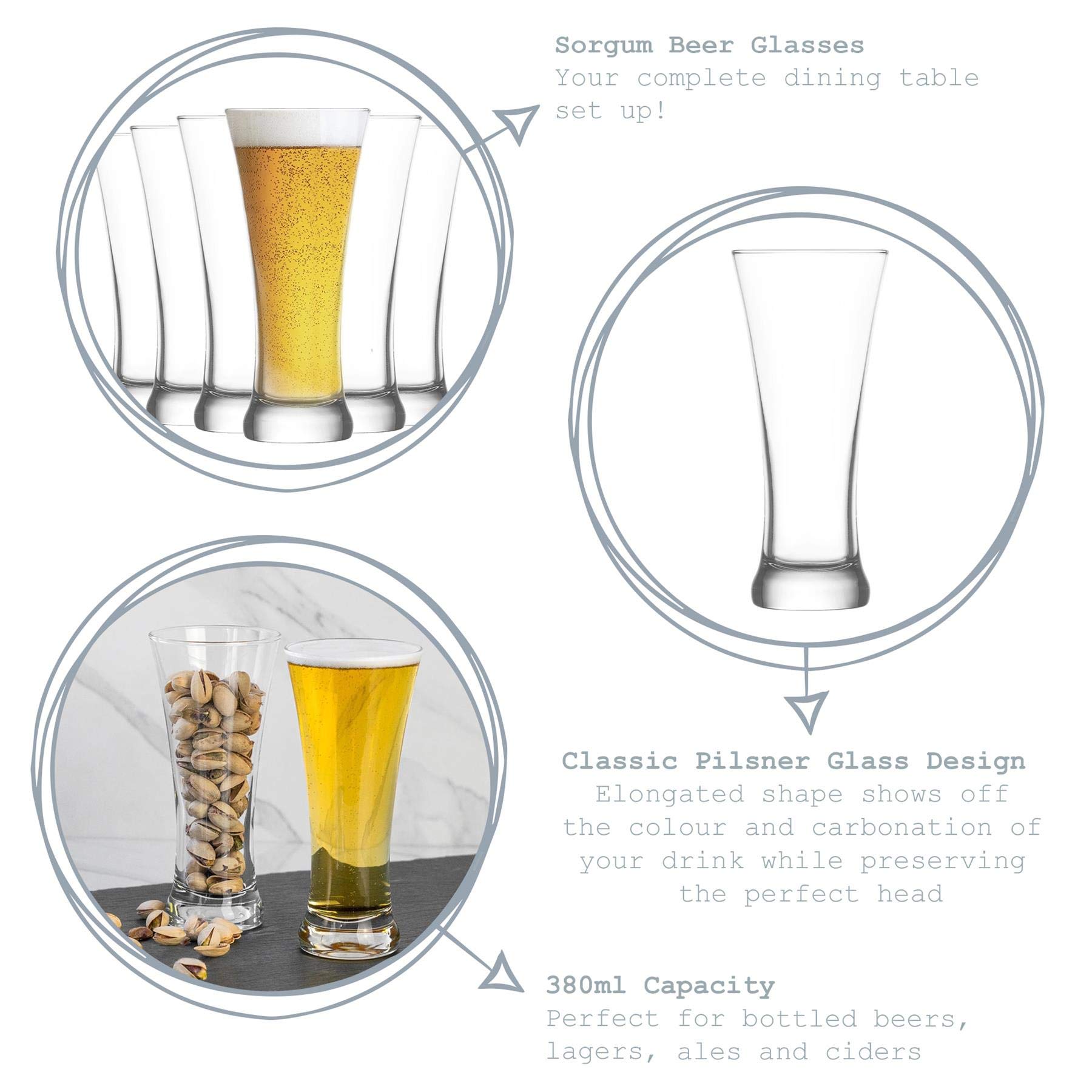 Verres à bière Sorgum - Style Pilsner - Verre Classique - 380 ML - Lot de 12
