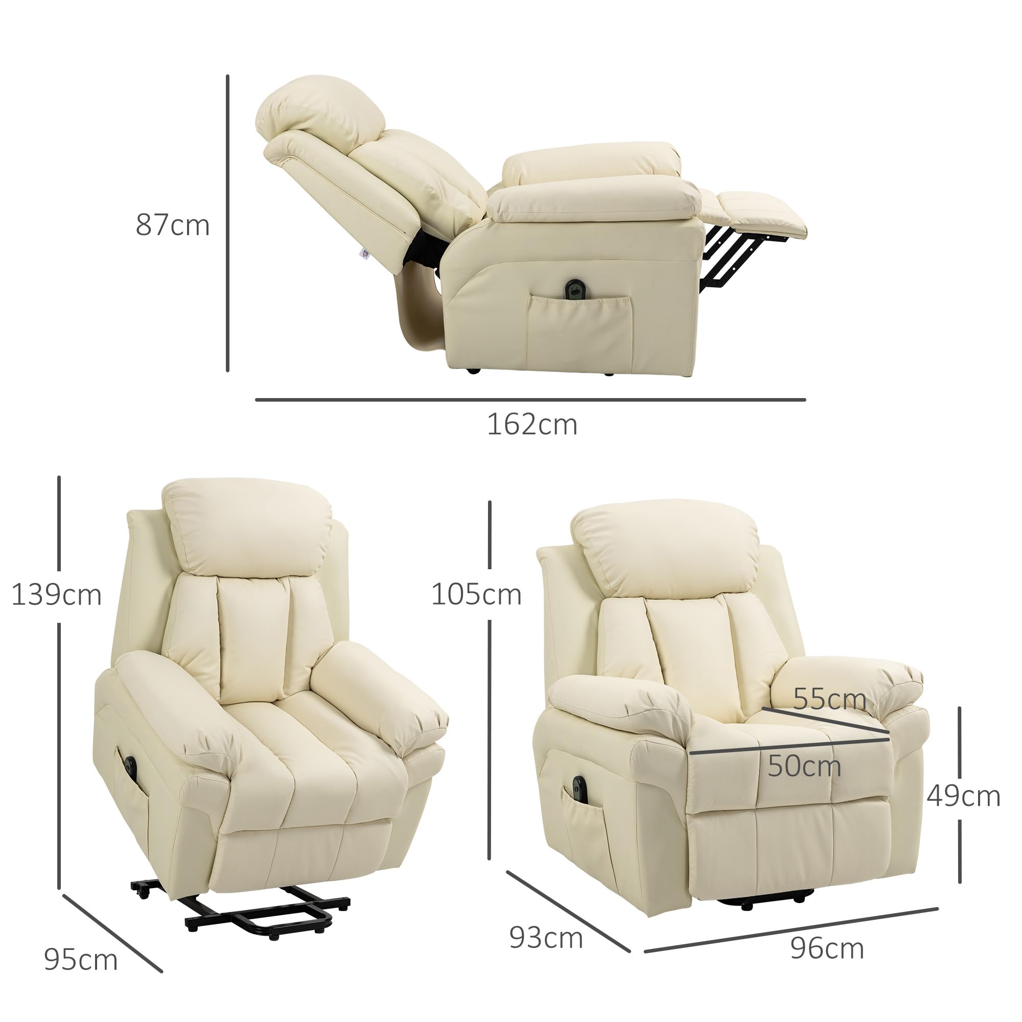 HOMCOM Poltrona Reclinabile Alzapersona Elettrica, Poltrona Relax con Imbottitura Spessa e Telecomando, 96x93x105 cm, Crema