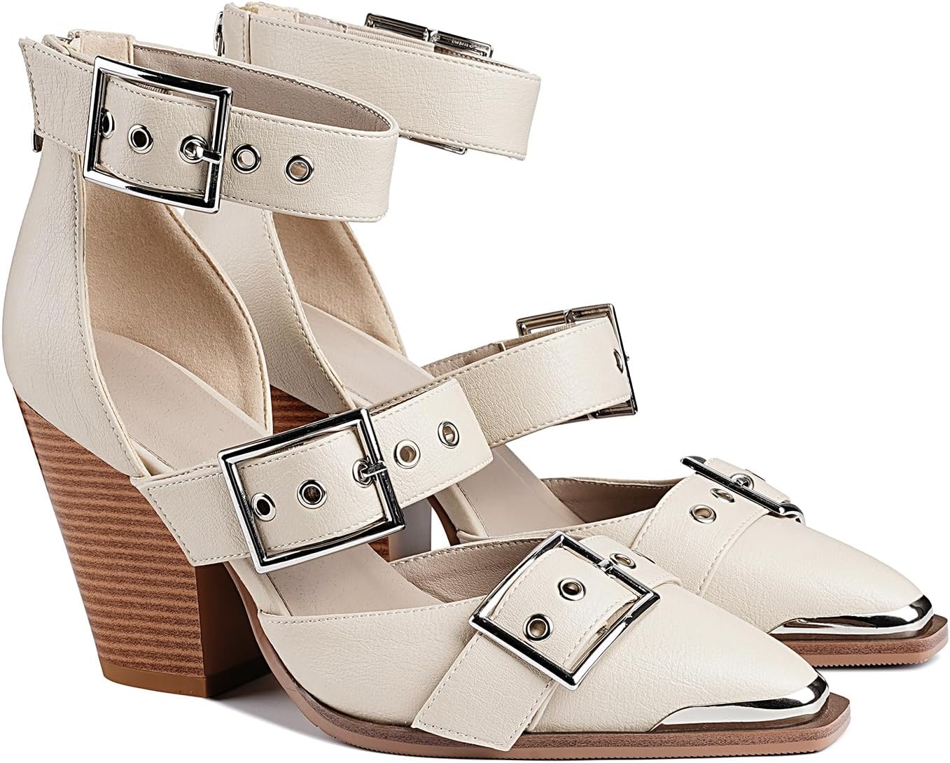 Western Sandals for Women Chunky Wedge Heels Pointed Toe Pumps Ankle Strap Metal Buckle Strappy Heels Comfortable Fashion Casual Dress Shoes 8.5 Beige image 5 of 7 B0F47XSPYV