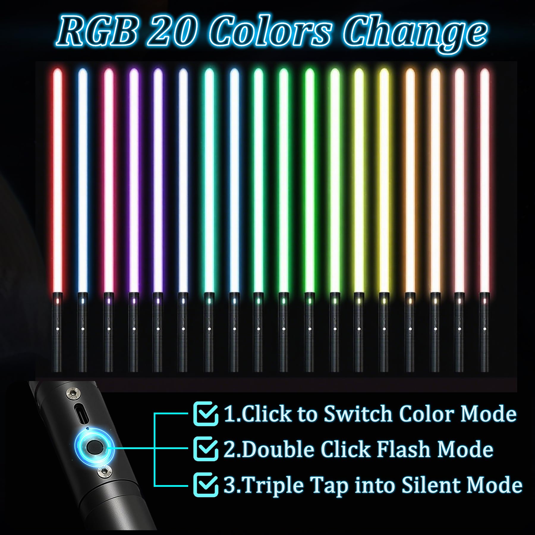 Lightsaber for Kids Upgraded RGB 20 Colors LED Light Saber, USB Rechargeable Lightsabers with Metal Handle - Image 2