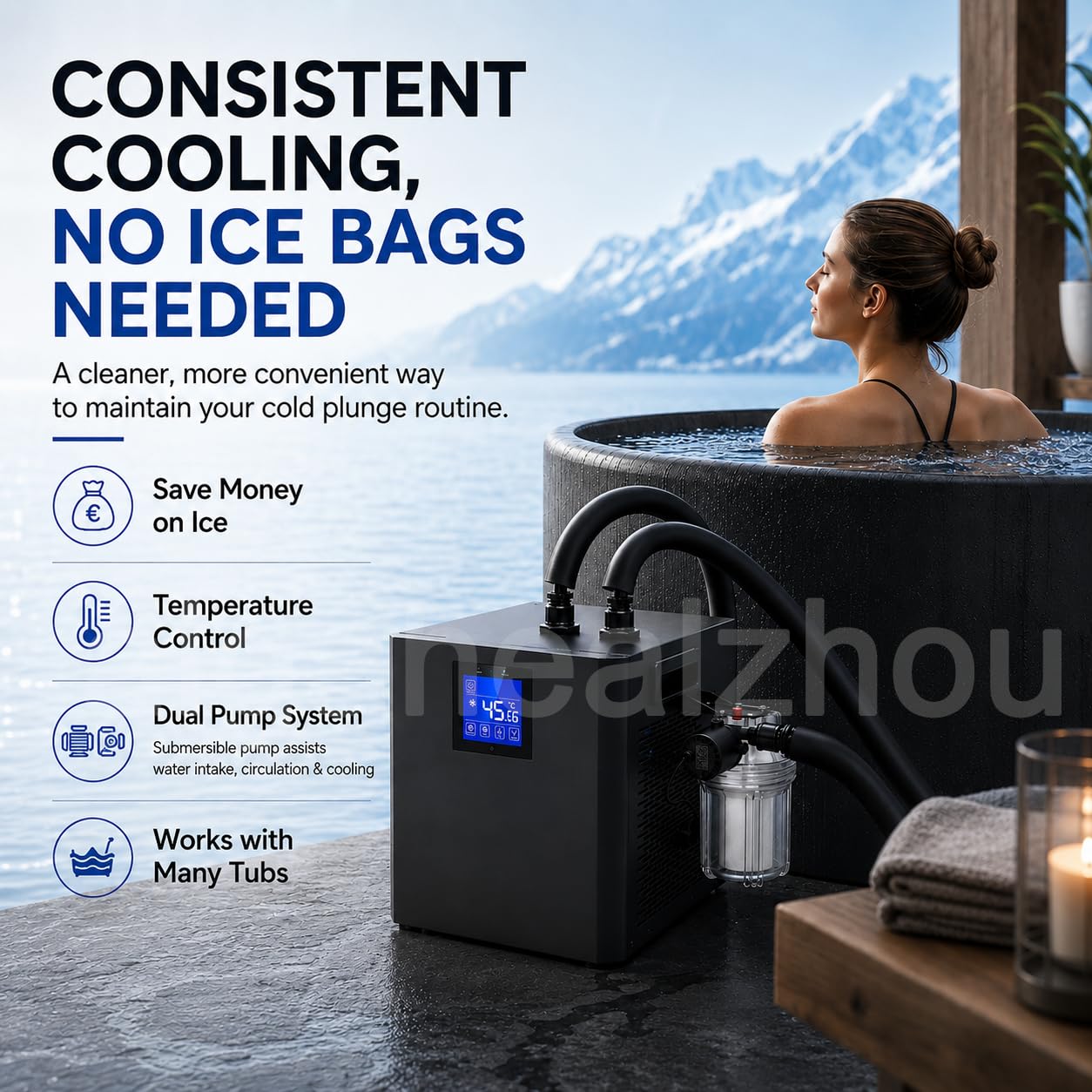 Ice Bath Water Chiller 1/3HP, Doppel-Pumpen Durchlaufkühler mit Submersible Pump, Externer PP-Filter, LED 0–50°C Kontrolle, Leise <45 dB, 300L Eisbad für Zuhause und Mini-Pools