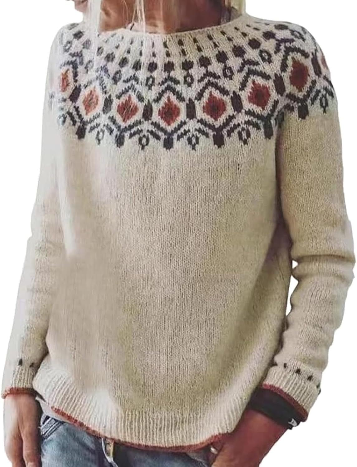 Fair Isle Sweater for Womens Winter Long Sleeve Vintage Knitted Sweater Casual Fall...